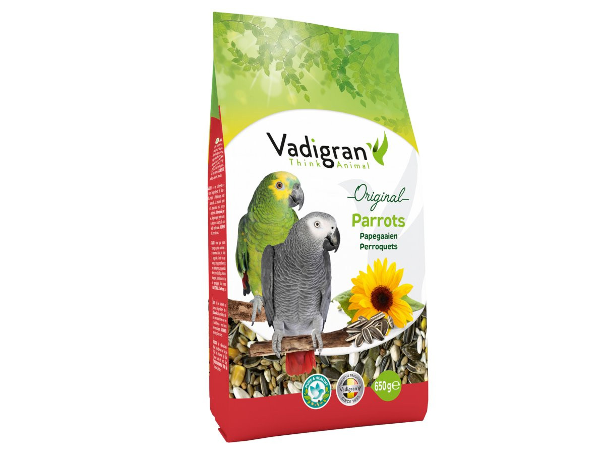 Front view of Vadigran Le Perroquet Original parrot seed mix bag showing a colorful parrot illustrat