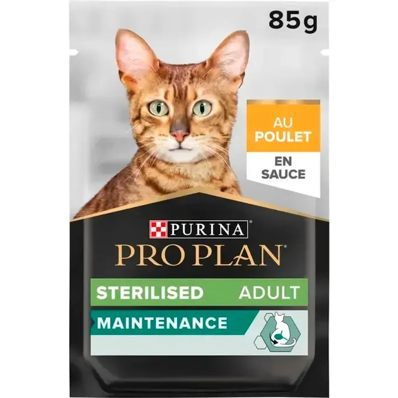 Purina Pro Plan 1143370 sachet pour chats adultes stérilisés au poulet en sauce, vue de face.