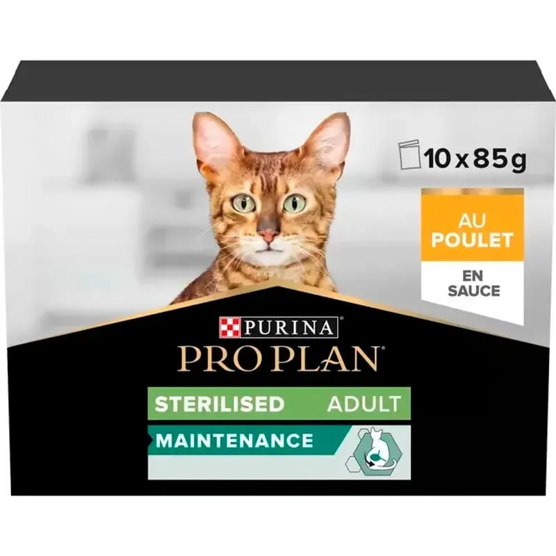 Vue de côté du sachet Purina Pro Plan 1143370 pour chats stérilisés.