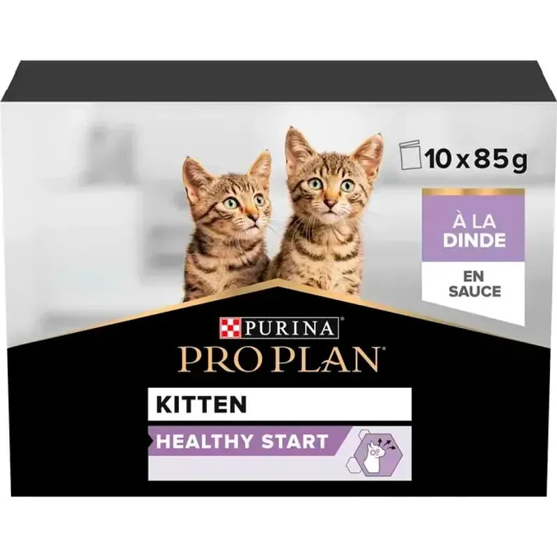 Dos du sachet PRO PLAN Chaton HEALTHY START Dinde en Sauce avec recommandations d'alimentation et in