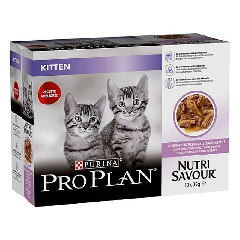 Angle latéral du sachet PURINA PRO PLAN Chaton HEALTHY START Dinde en Sauce mettant en évidence le n