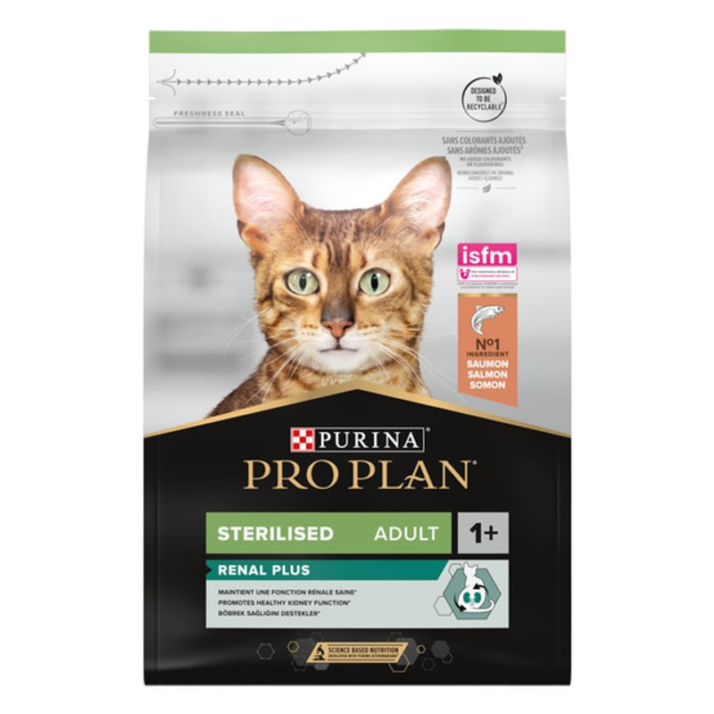 Vue de face du sac Purina PRO PLAN Stérilisé Adulte Saumon, avec saveur saumon et technologie OPTIRE