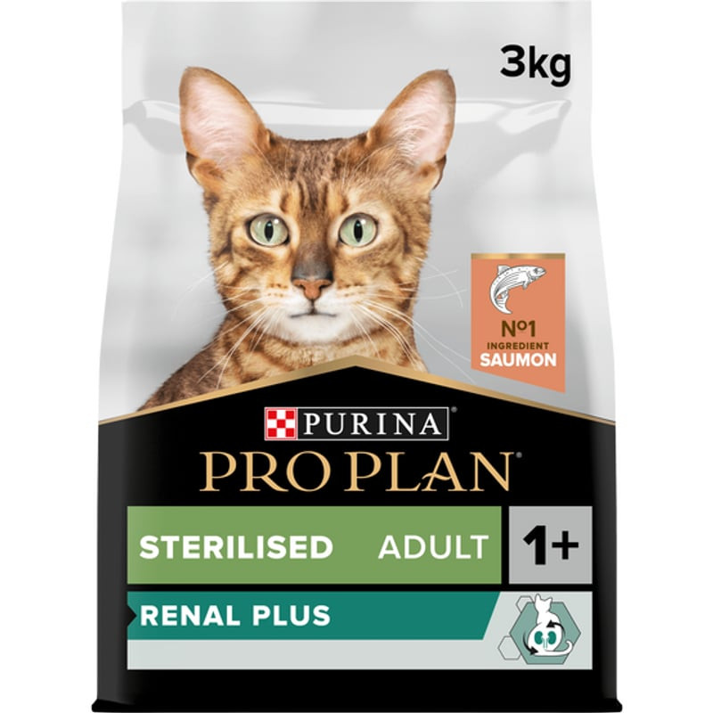 Vue latérale du sac Purina PRO PLAN Stérilisé Adulte au saumon avec infos nutritionnelles et ingrédi
