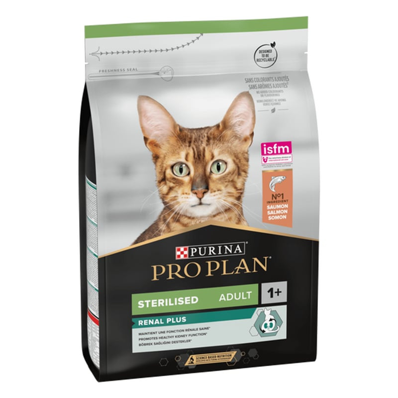 Vue du sachet Purina PRO PLAN Stérilisé Adulte au Saumon, soulignant le saumon et la formule faible 