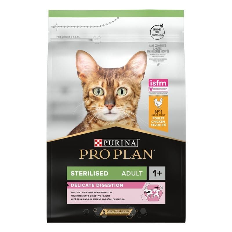 Sac de croquettes Purina Pro Plan Optidigest pour chat adulte stérilisé, vue de face avec recette au