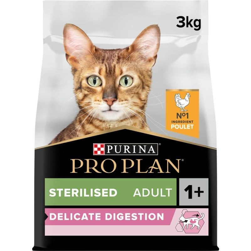 Vue latérale du sac Purina Pro Plan Optidigest Stérilisé Adulte montrant le nom du produit et les pr