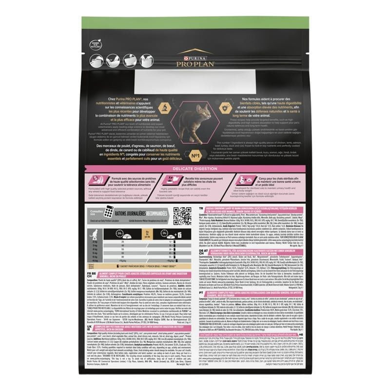 Dos du sac Purina Pro Plan Optidigest Stérilisé Adulte avec guide d'alimentation et analyse garantie