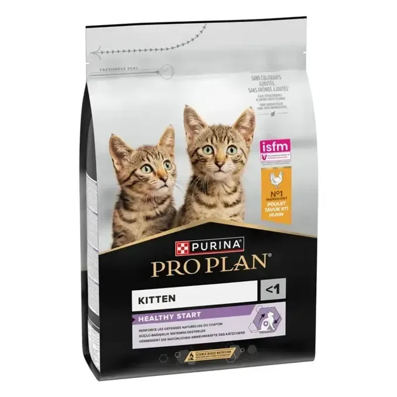Sac de croquettes pour chaton Purina Pro Plan Healthy Start au poulet sur fond blanc.