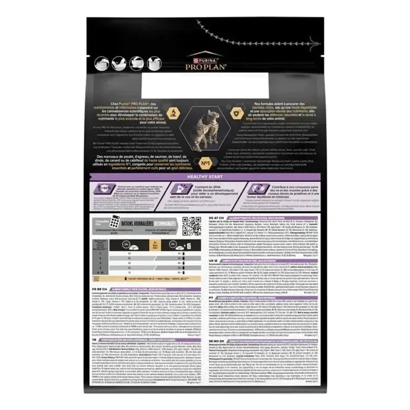 Sac de croquettes Purina Pro Plan Kitten Healthy Start montrant les bienfaits nutritionnels et la te