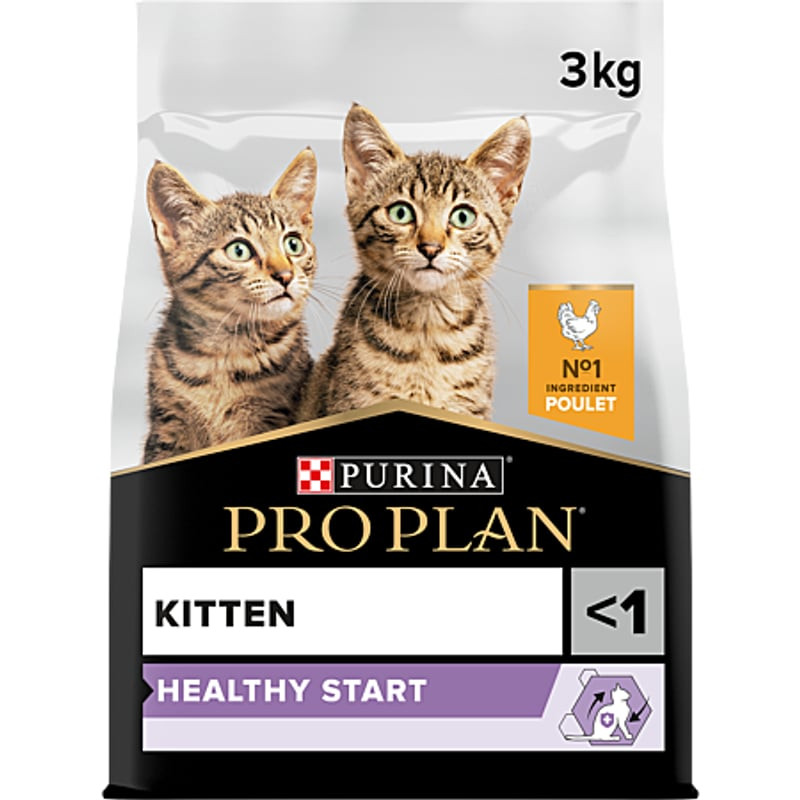 Sac de croquettes Purina Pro Plan Chaton Healthy Start au poulet sur fond blanc, vue de côté.