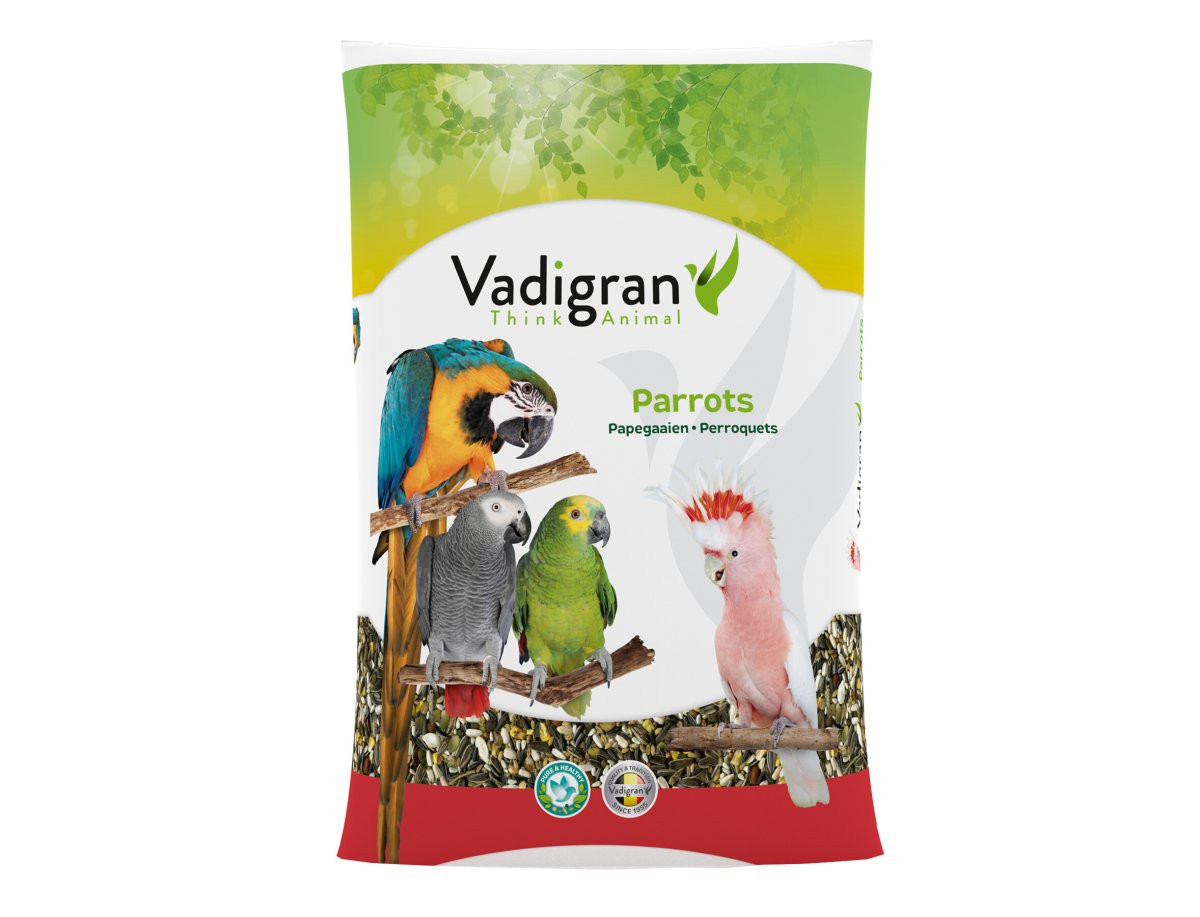 Bag of Vadigran Perroquet Original parrot food mix showing a colorful parrot illustration and produc