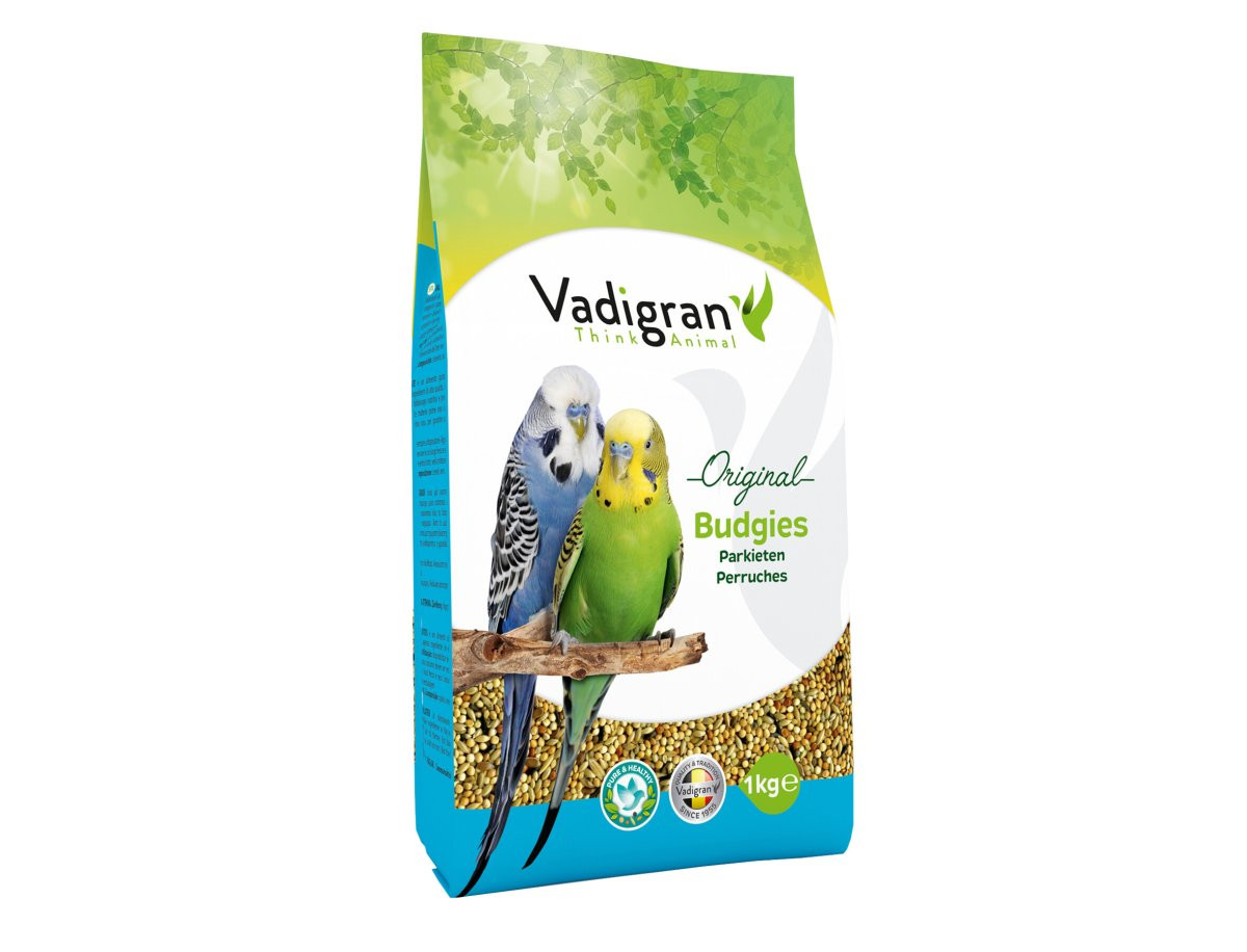 VADIGRAN Original budgie seed mix package, showing a colorful mix of seeds and a budgie illustration