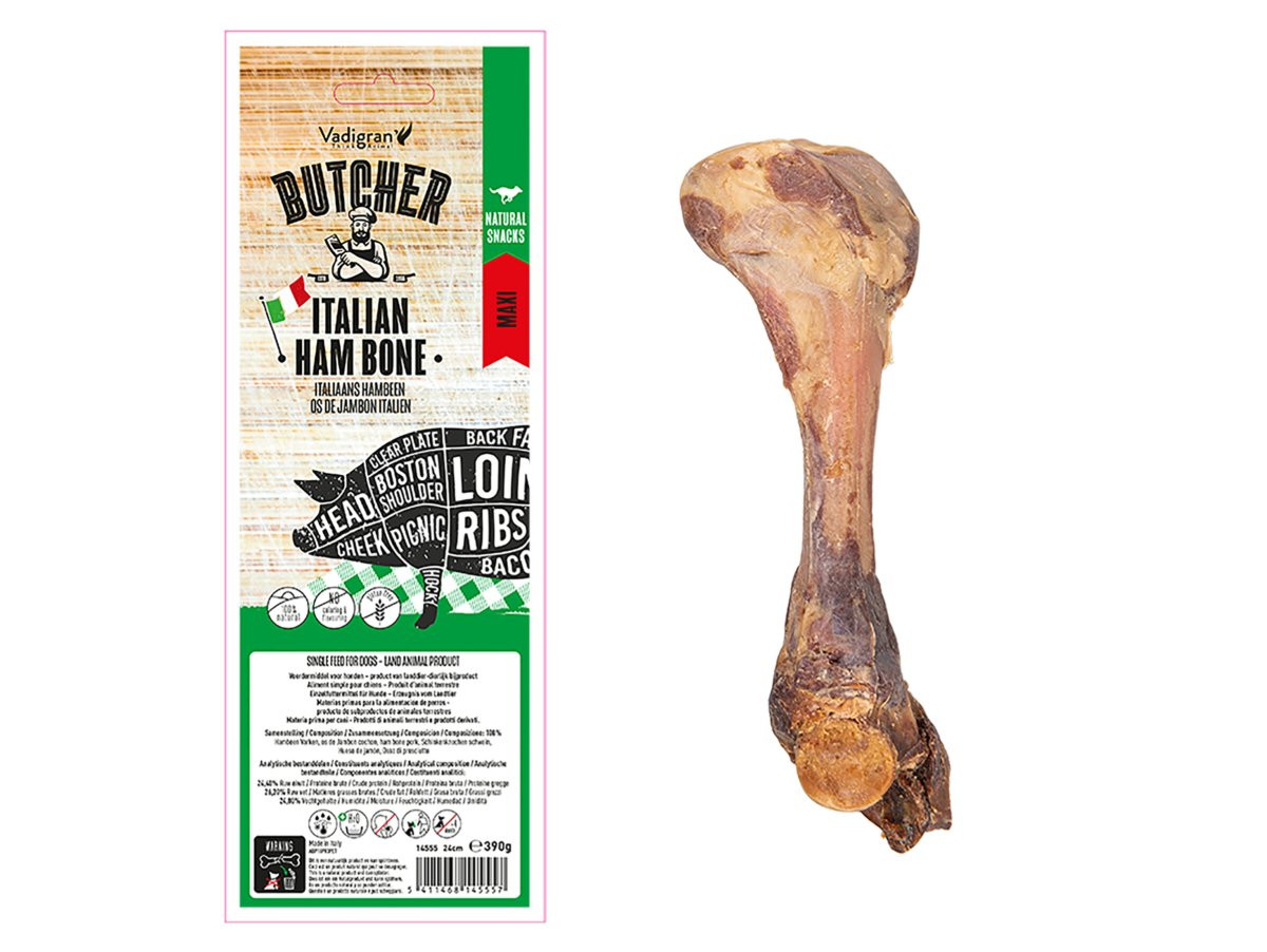 Italian ham bone dog treat 24 cm from Vadigran Butcher Natural range, shown on white background.