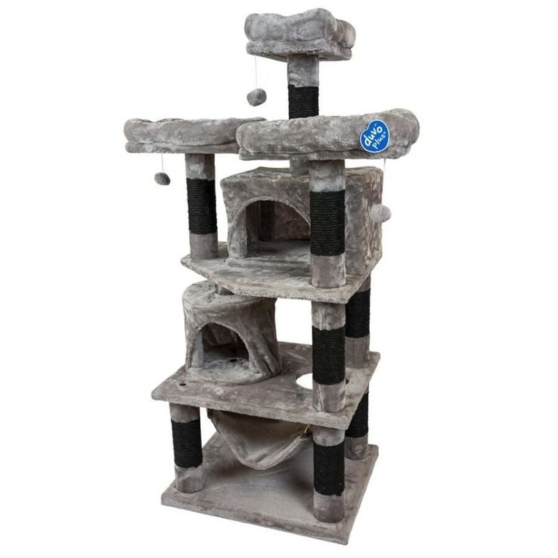 Arbre à chat duvoplus Cleo avec trois plateformes, un hamac, deux maisons et poteaux en sisal avec f