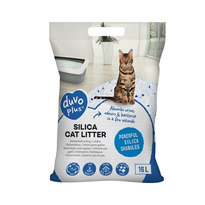 Vue latérale du sac de litière pour chat Duvo en silice mettant en évidence les caractéristiques et 