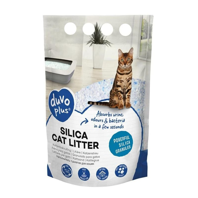 Vue avant du sachet de litière duvoplus 1922366 Silice montrant la marque et les granulés de gel de 