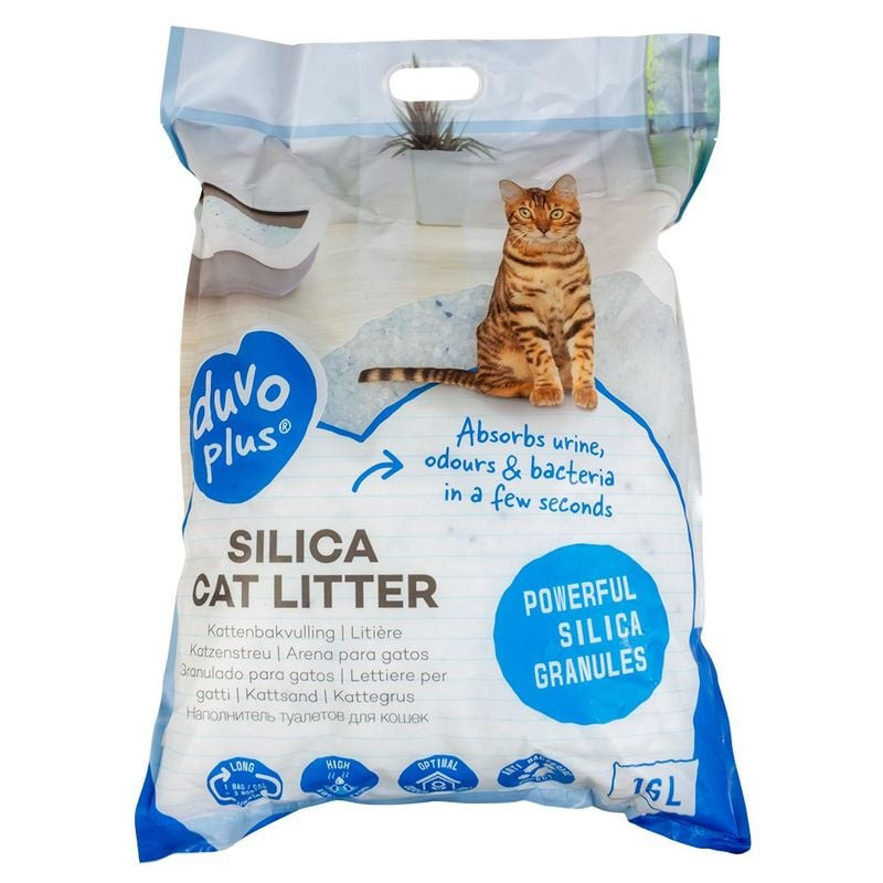 Vue arrière du sac de litière pour chat Silice duvoplus 1922366 montrant les détails et spécificatio