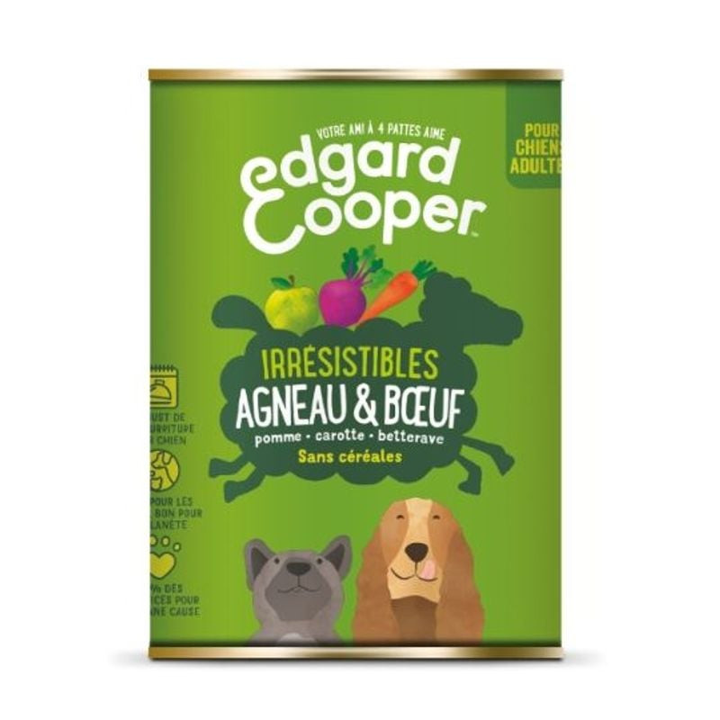 Dos du sachet de nourriture pour chien Edgard & Cooper 1963838 montrant les ingrédients et le guide 