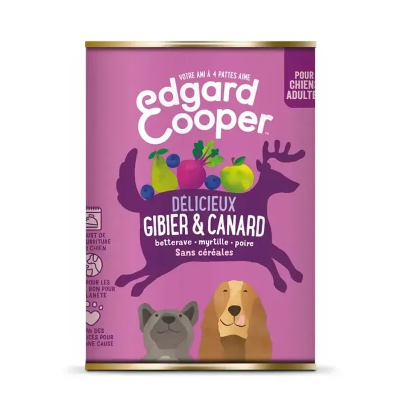Packshot de Edgard Cooper pâtée pour chien adulte gibier canard 400g, montrant l'emballage avec illu