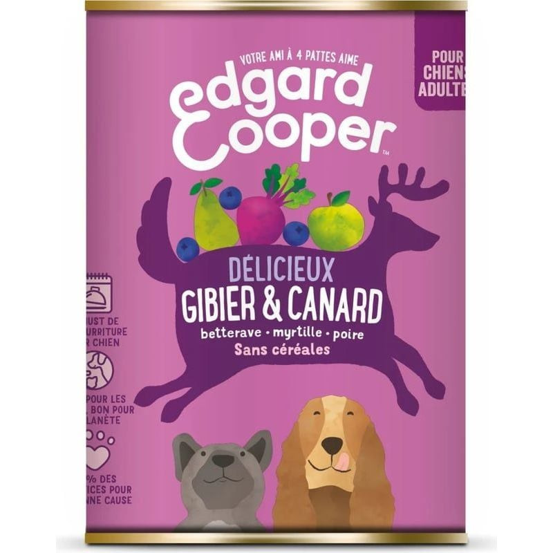 Packshot avant de la pâtée pour chien adulte Edgard & Cooper 1963836 à base de gibier et canard.