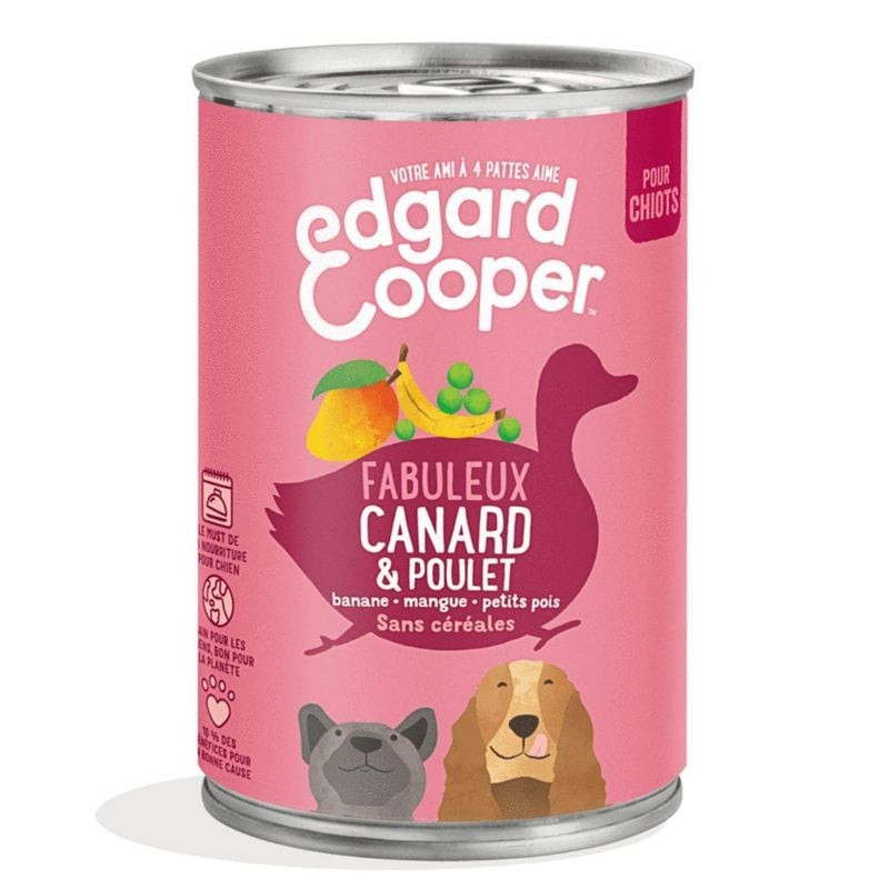 Packshot de la pâtée sans céréales pour chiot Edgard & Cooper au canard et poulet, montrant l'emball