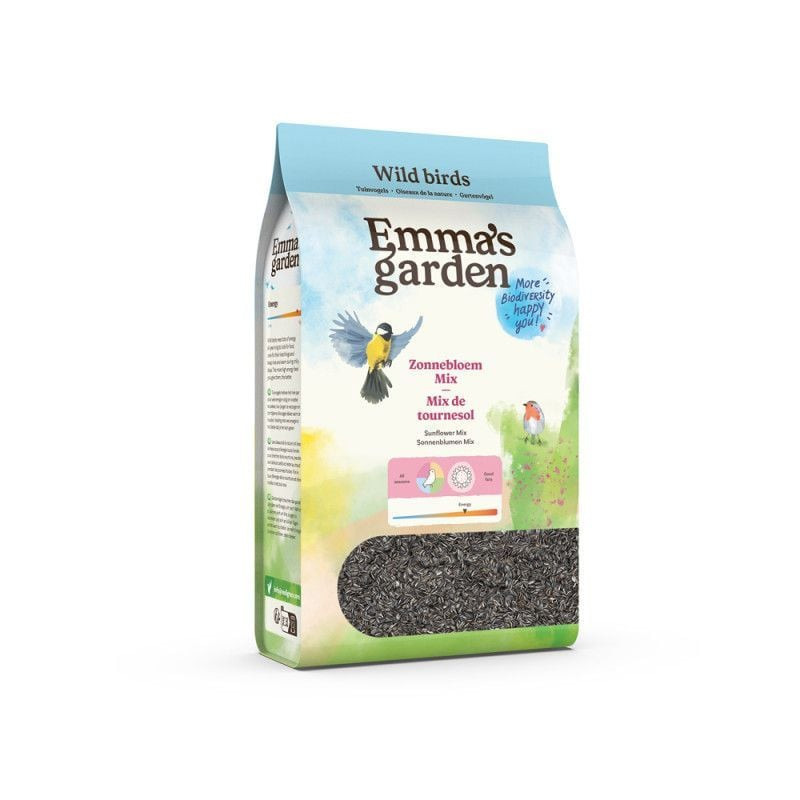 Packshot du mélange de graines pour oiseaux Emma 8 kg, étiquette avant avec nom et illustration d'oi