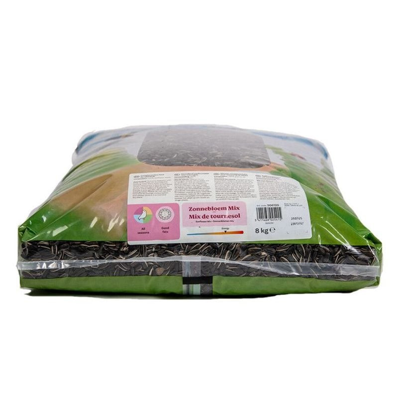 Vue latérale du sac de 8 kg de mélange de graines pour oiseaux Emma, montrant l'épaisseur et le nom 
