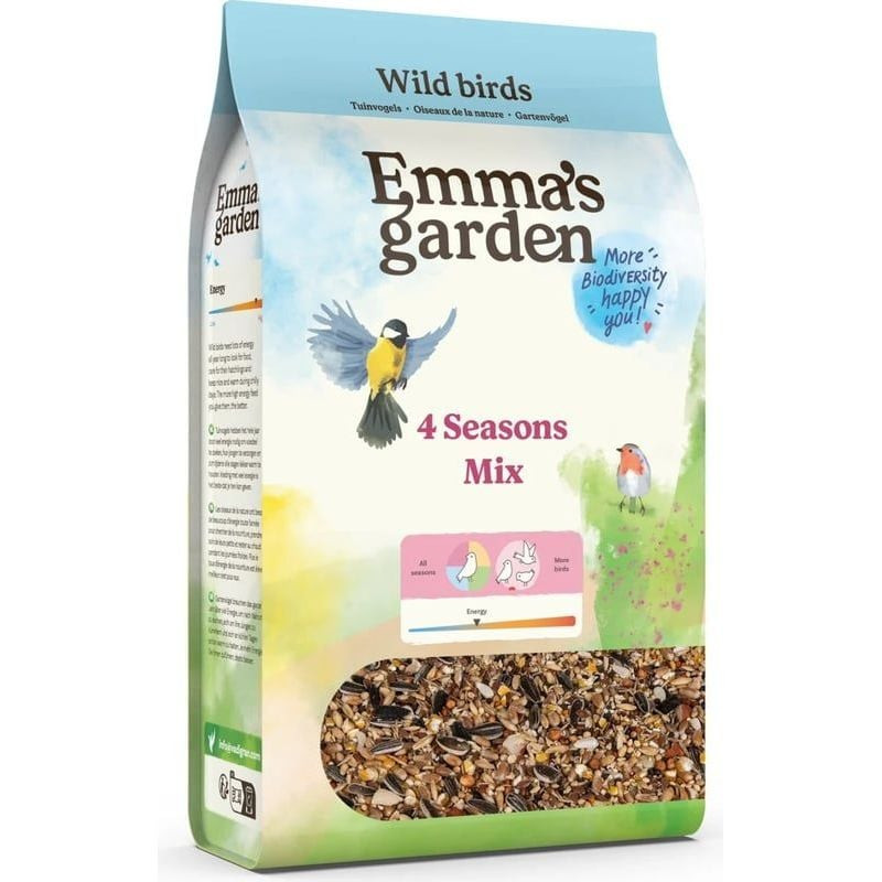 Packshot du mélange de graines pour oiseaux 4 Seasons Mix d'Emma montrant le sac avec illustrations 