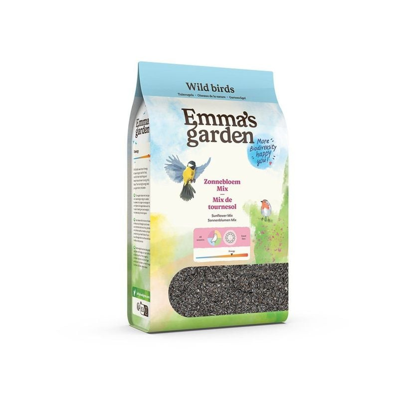 Packshot du sachet de 2,5 kg de graines de tournesol Emma pour oiseaux sauvages, avec une illustrati