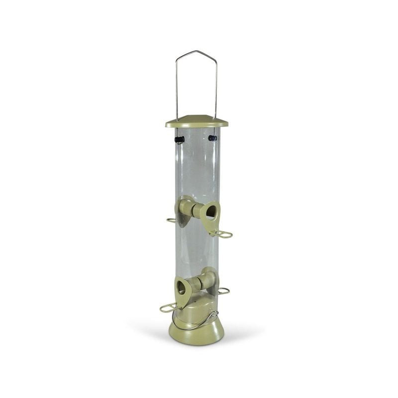 Packshot du distributeur de graines pour oiseaux métal Emma Vadigran 37cm vert, avec perchoirs et an