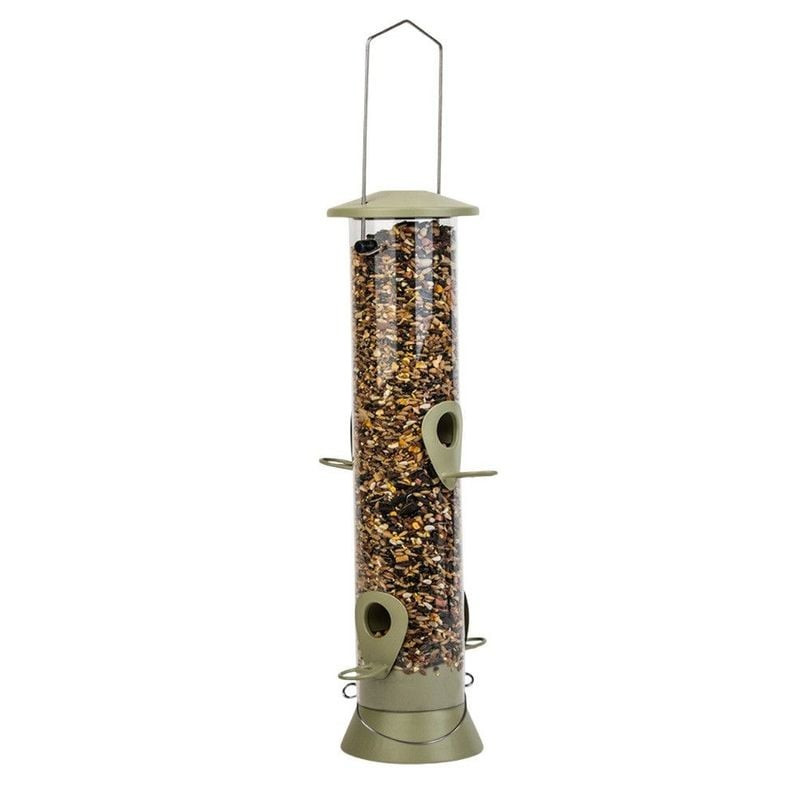 Distributeur de graines pour oiseaux en métal vert et polycarbonate avec quatre perchoirs sur un sup