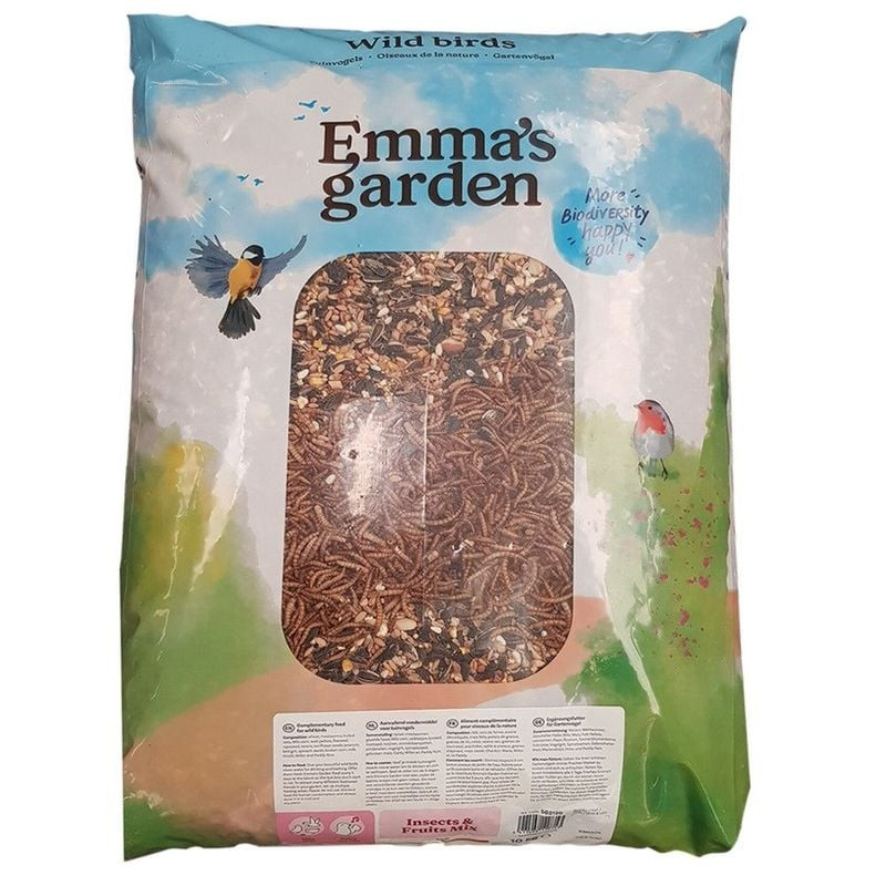 Vue arrière du sac Emma's Garden Mélange Insectivore et Fruit Mix avec informations nutritionnelles 