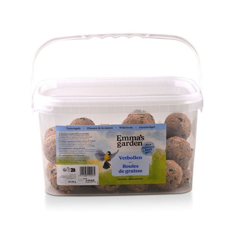 Seau Emma's Garden contenant 30 boules de graisse pour oiseaux de jardin.