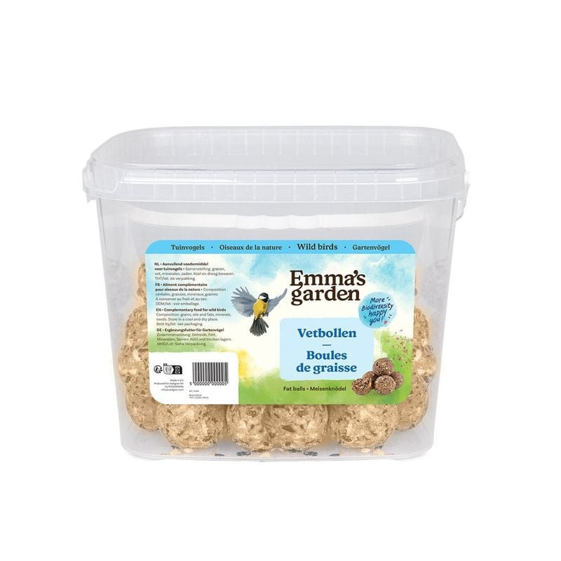 Packshot du seau Emma boules de graisse pour oiseaux 50x90g, sans filet, sur fond blanc.