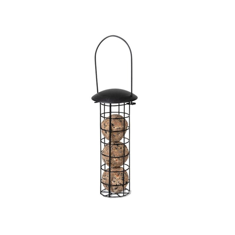 Distributeur boules graisse Emma Vadigran noir suspendu au crochet, vue complète forme cylindrique e