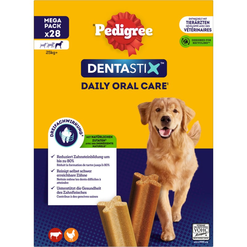 Photo du dos de l'emballage Pedigree DentaStix avec détails produit et informations nutritionnelles.