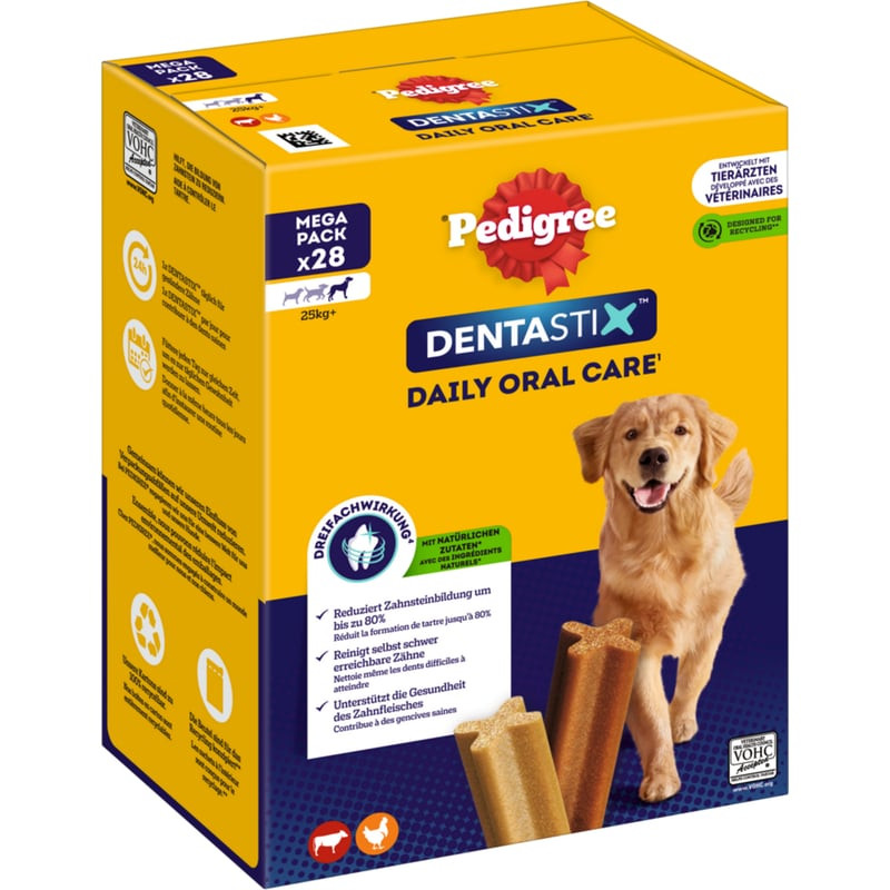 Packshot Pedigree Dentastix pour grand chien réduction tartre 28 sticks 1080g, montrant les bâtonnet