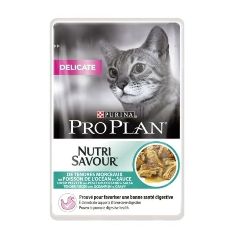 Gros plan de la pâtée humide Purina PROPLAN Delicate Digestion au poisson en sauce, montrant texture