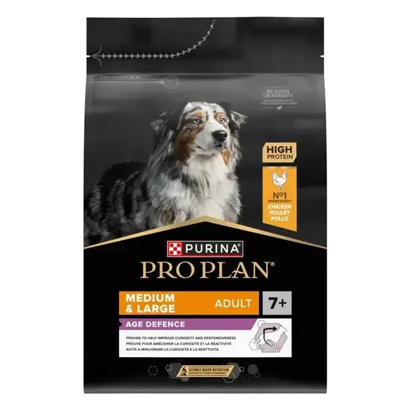 Emballage du sac de croquettes Purina PRO PLAN Age Defence au poulet pour chien adulte 7+.