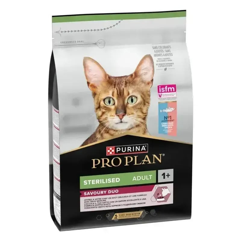 Packshot avant du sac Purina pour chats adultes stérilisés, aux saveurs de cabillaud et truite.