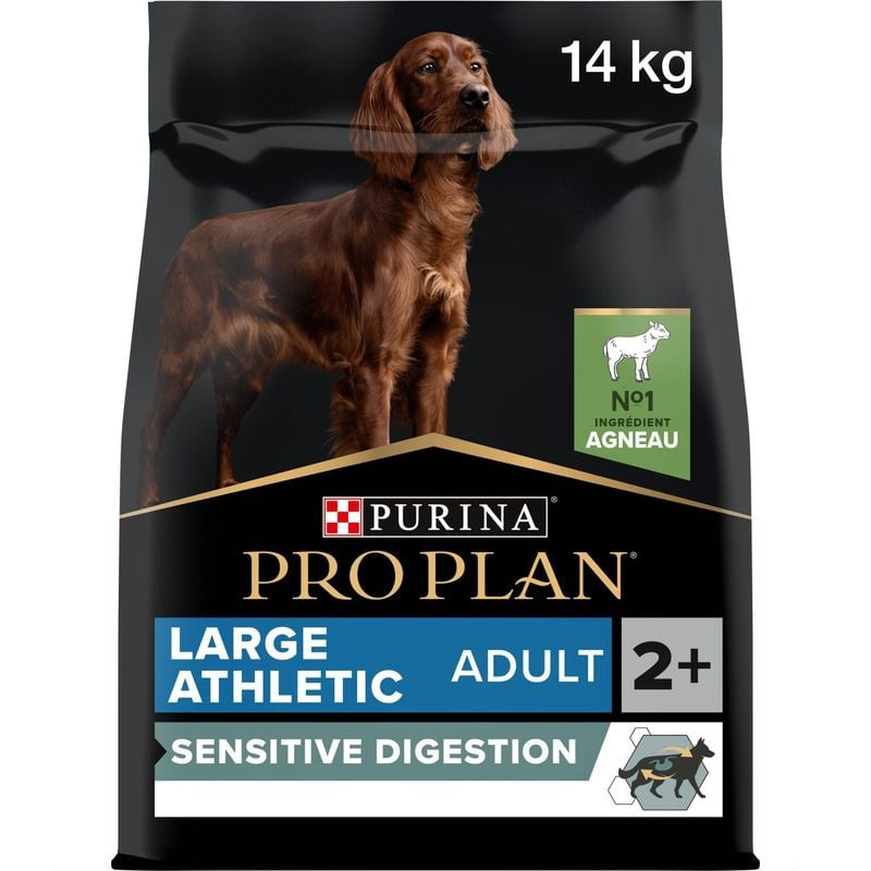 Vue de face du sac de croquettes Purina Pro Plan pour grand chien athlétique, emballage rouge et bla