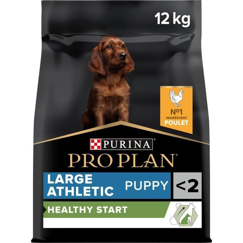 Dos du sac Purina Pro Plan Chiot Grande Race Athlétique Poulet Optistart montrant les ingrédients et