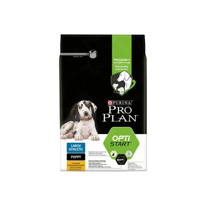 Vue latérale du sac Purina Pro Plan Croquettes Chiot Large Race Athlétique Poulet Optistart mettant 
