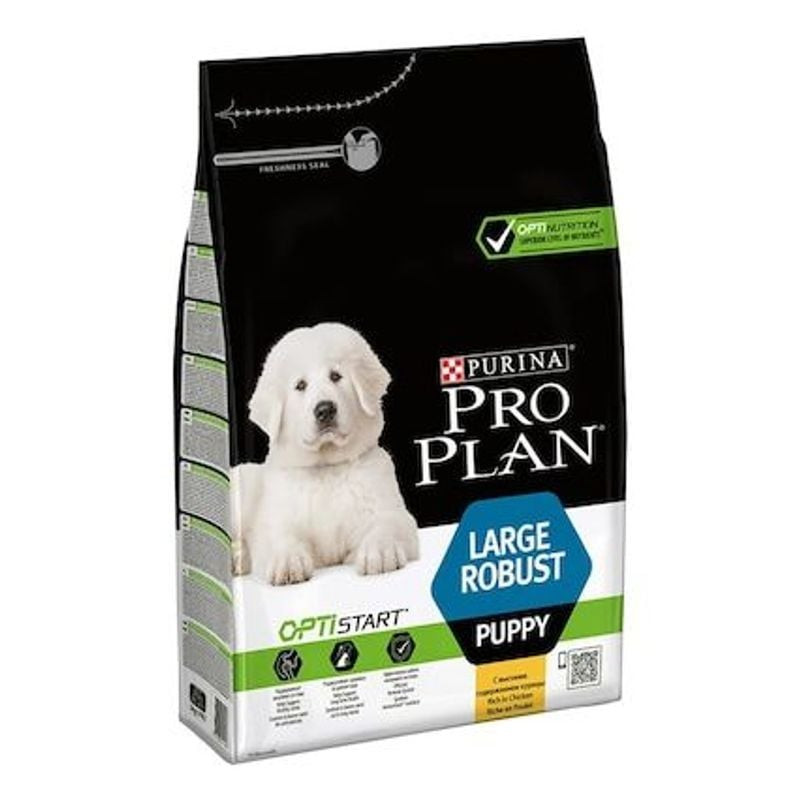 Croquettes sèches pour chiot robuste Purina Pro Plan au poulet dans un sac de 12 kg sur fond blanc.
