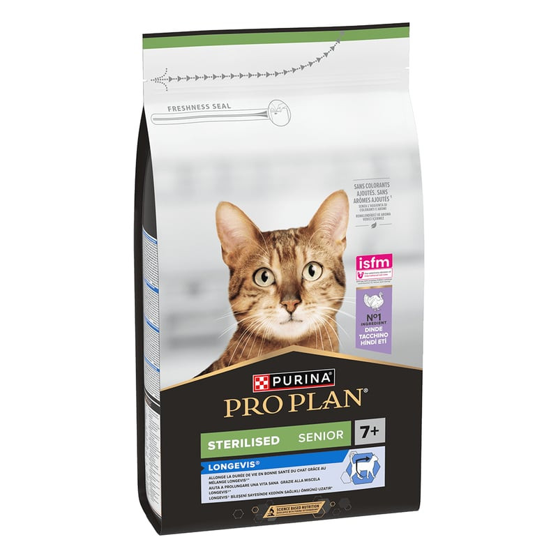Sac de croquettes Purina pour chats stérilisés seniors, vue de face montrant le nom du produit et la