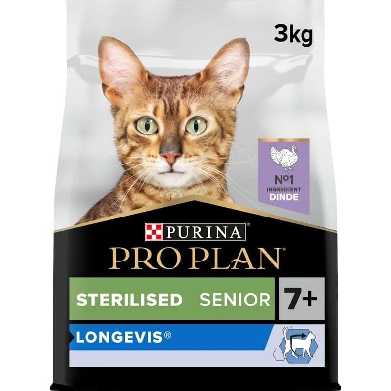 Purina Pro Plan Senior 7+ Stérilisé Longevis - sac de croquettes pour chat, vue de face avec recette