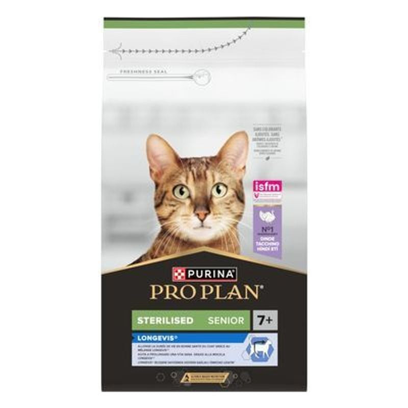 Panneau arrière du sac de croquettes Purina Pro Plan Senior 7+ Stérilisé Longevis montrant les bienf
