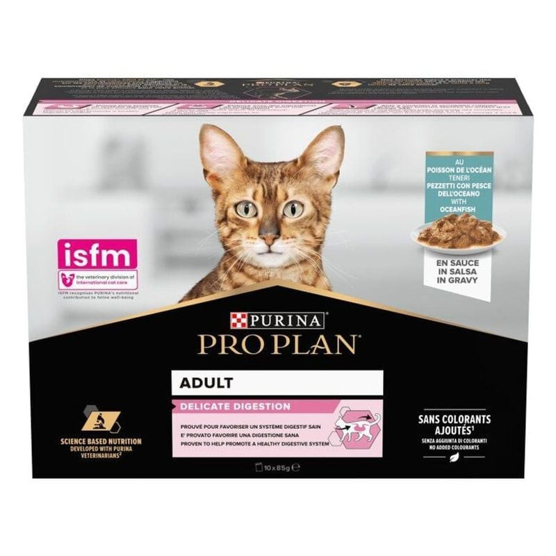 Packshot Purina Pro Plan Delicate Bouchée en Sauce au Poisson Océan : bol de morceaux en sauce et em