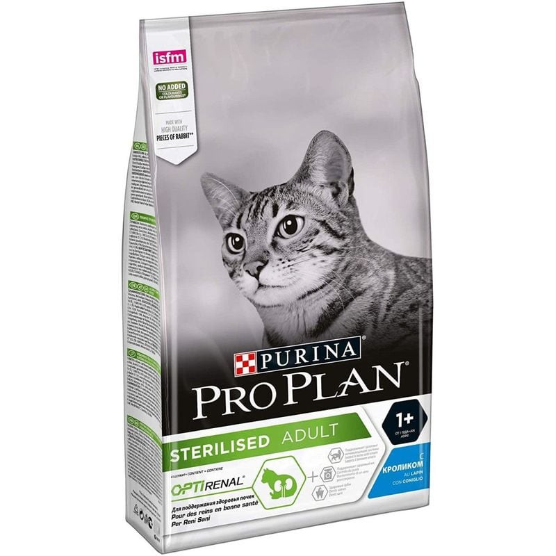 Sac de croquettes Pro Plan Sterilised Adult 1+ Renal Plus Lapin avec un bol de croquettes, montrant 