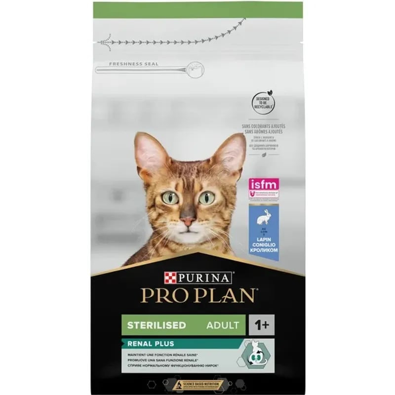 Vue de face du sac de croquettes Purina Pro Plan Sterilised Adult 1+ Renal Plus Lapin, design rouge 